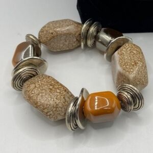 Paparazzi Chunky Peach Silver Beige Speckled & Glazed  Beaded Statement Bracelet